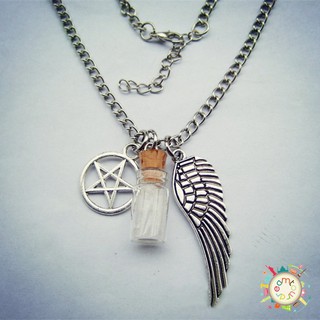 1 X Supernatural Colar De Proteção Com Pingente De Asa De Anjo Pentagrama Sal Garrafa 20