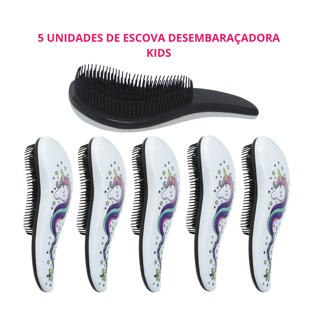Kit com 5 Escovas de Cabelo Desembaraçadora KIDS Unicornio