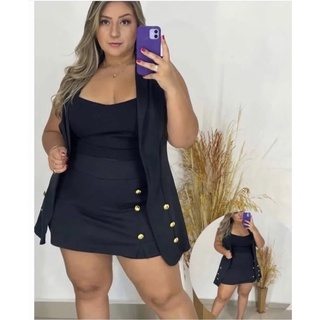 conjunto plus size trio shorts saia colete cropd
