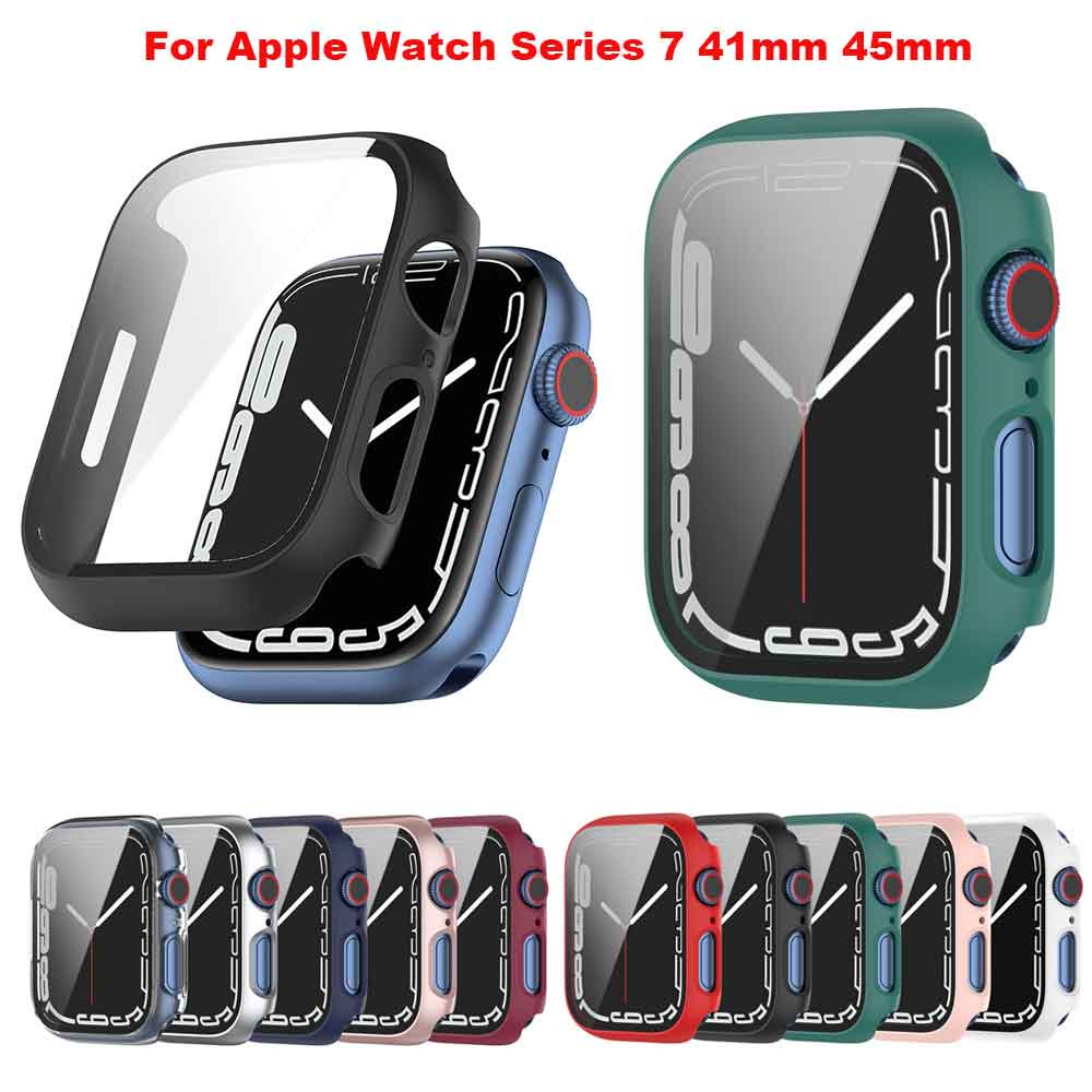 Para Apple Watch Series 7 41mm 45mm Capinha Relógio 360 Cobertura Completa PC Protetora De Tela De Vidro Temperado