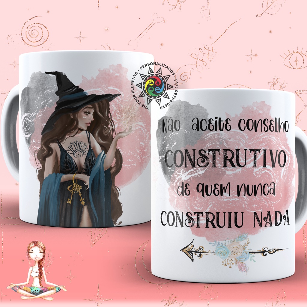 Caneca de ceramica estampa bruxa - Magia bruxaria com frase