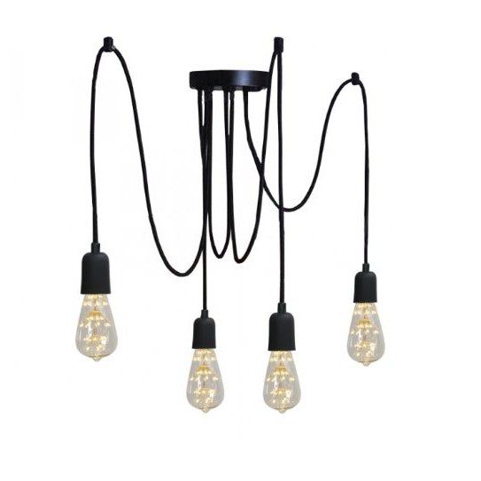 Pendente Luminária Lustre Aranha Industrial Preto P 4 Lâmpadas