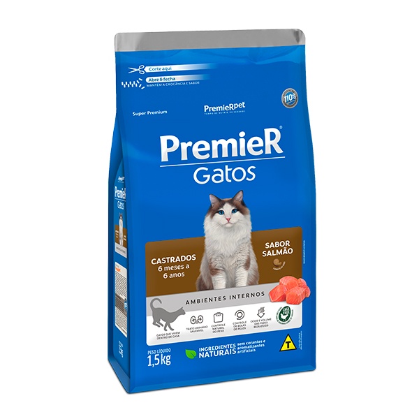 Ração Premier Ambientes Internos para Gatos Castrados de até 6 anos sabor Salmão - 1,5Kg em Oferta na Shopee