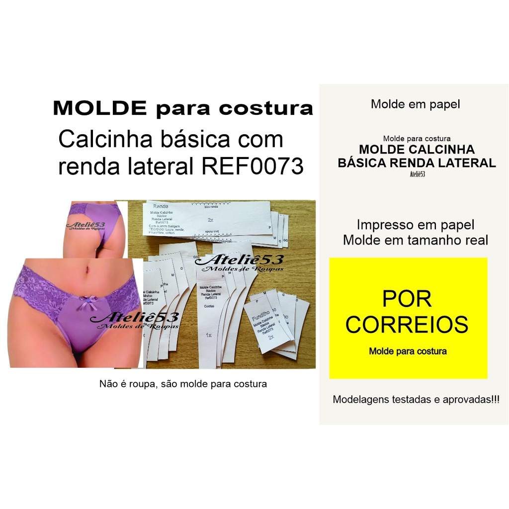 Molde para costura CALCINHA BÁSICA RENDA LATERAL REF0073 PAPEL120g