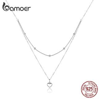 BAMOER Genuine 925 Sterling Silver Double Layers Heart Pendant Adjustable Chain Necklace for Women