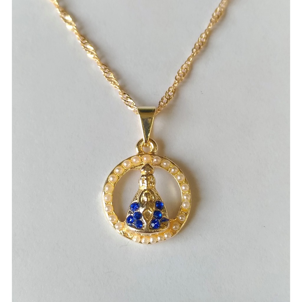 Colar corrente gargantilha folheada folheado ouro com pingente strass Nossa Senhora Aparecida