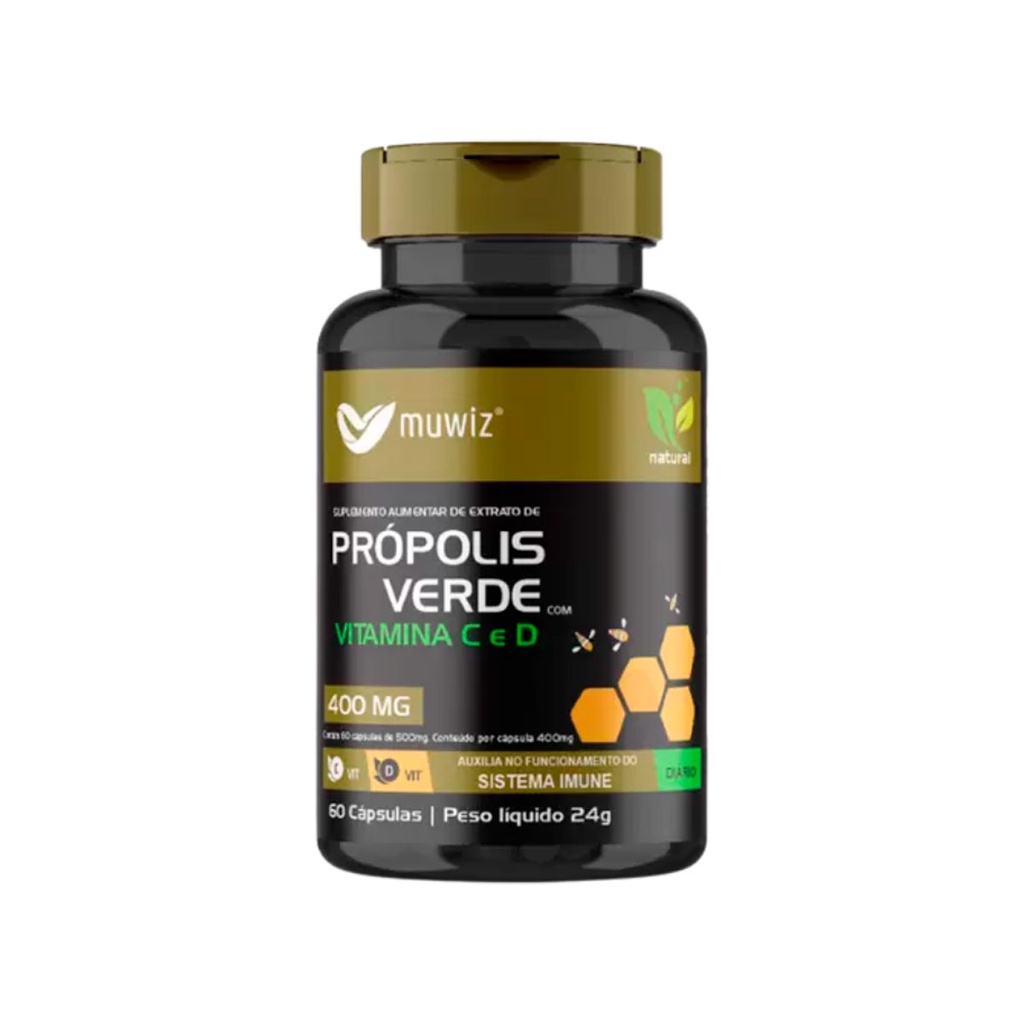 Própolis Verde Muwiz 60 cápsulas 400mg (c/ Vitamina C e D) - Oferta Especial