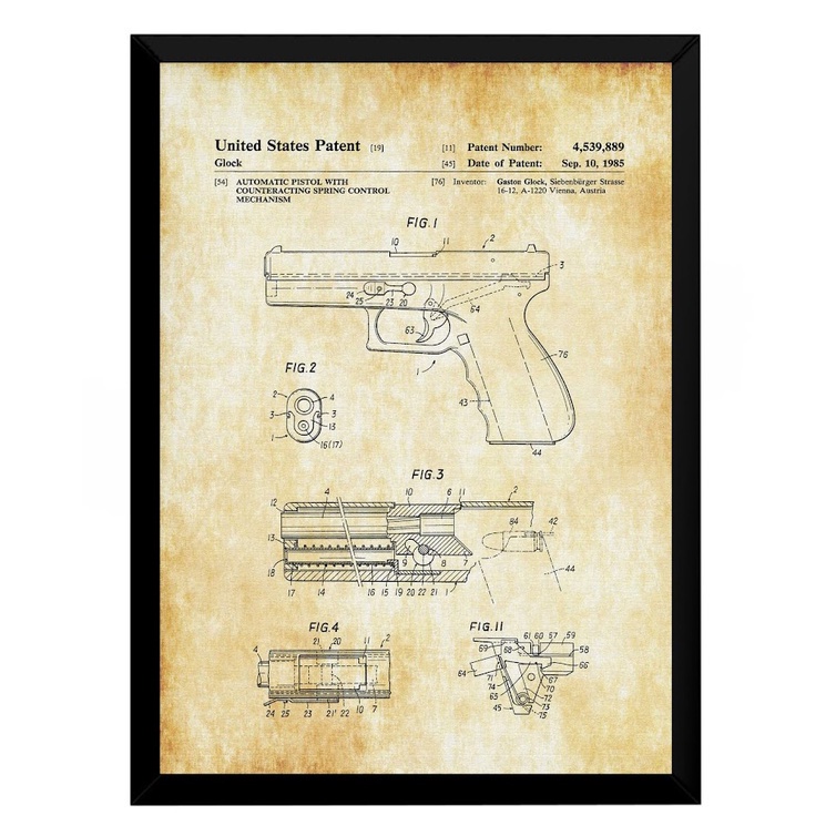 Quadro Decorativo A4, Patentes Militares, Mecanismo de Controle por Mola Glock.