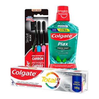 Kit 3 Escovas Colgate Slim Soft Black + Creme Dental Clean Mint 180g + Enxaguante Bucal Fresh Mint 500ml