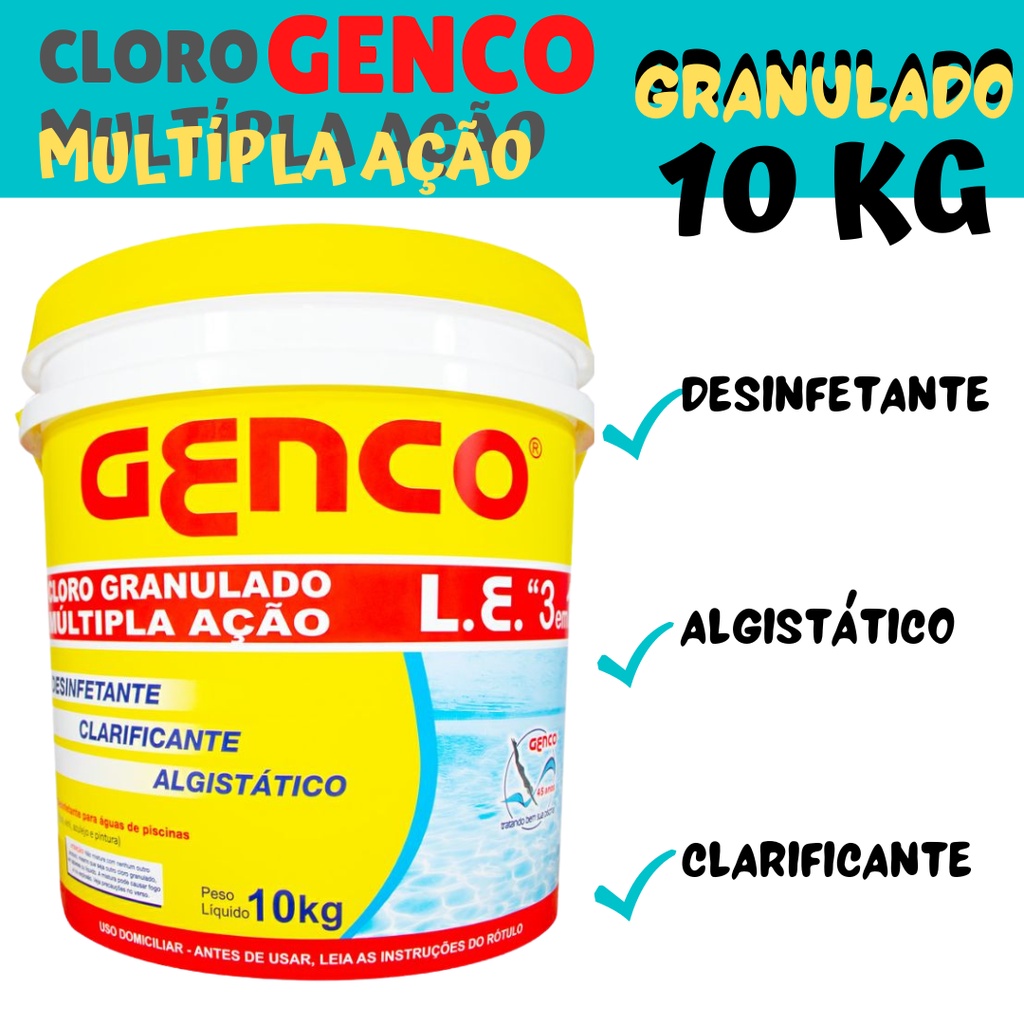 BALDE DE CLORO 10KG PARA PISCINAS ou Balde de Cloro 2.5KG - Cloro Genco L.E Mult 3x1
