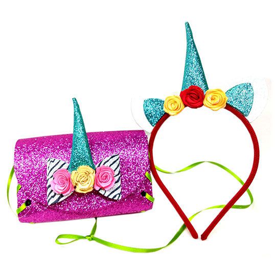 Kit tiara + bolsa Unicórnio com flor Glitter EVA infantil e adulto