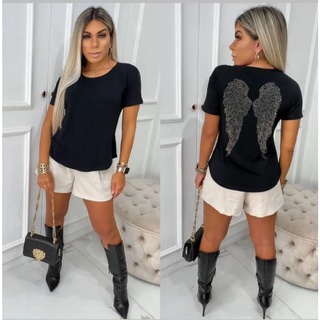 Blusa feminino Manga curta asa blusa strass Asa lançamento Verão logueira