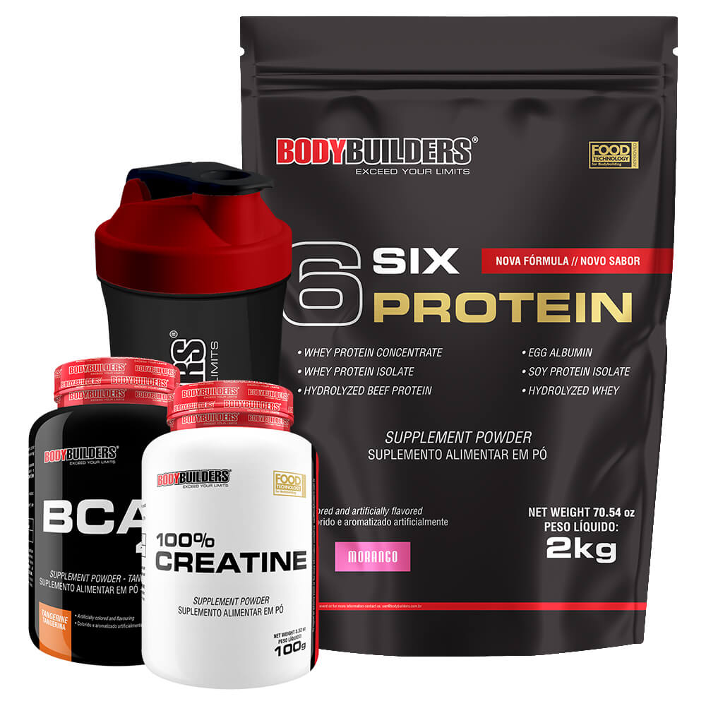 Kit 6 Six Whey Protein 2kg + BCAA + Creatine 100g + Coqueteleira – Bodybuilders