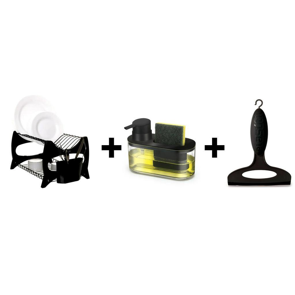 Escorredor De Louça Cozinha Prato + Dispenser Porta Detergente E Bucha + Rodinho de Pia Cabo de Plástico 13Cm