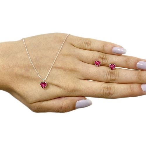 Kit Colar Brinco Ponto Luz Coração Pink Folheado Prata 925