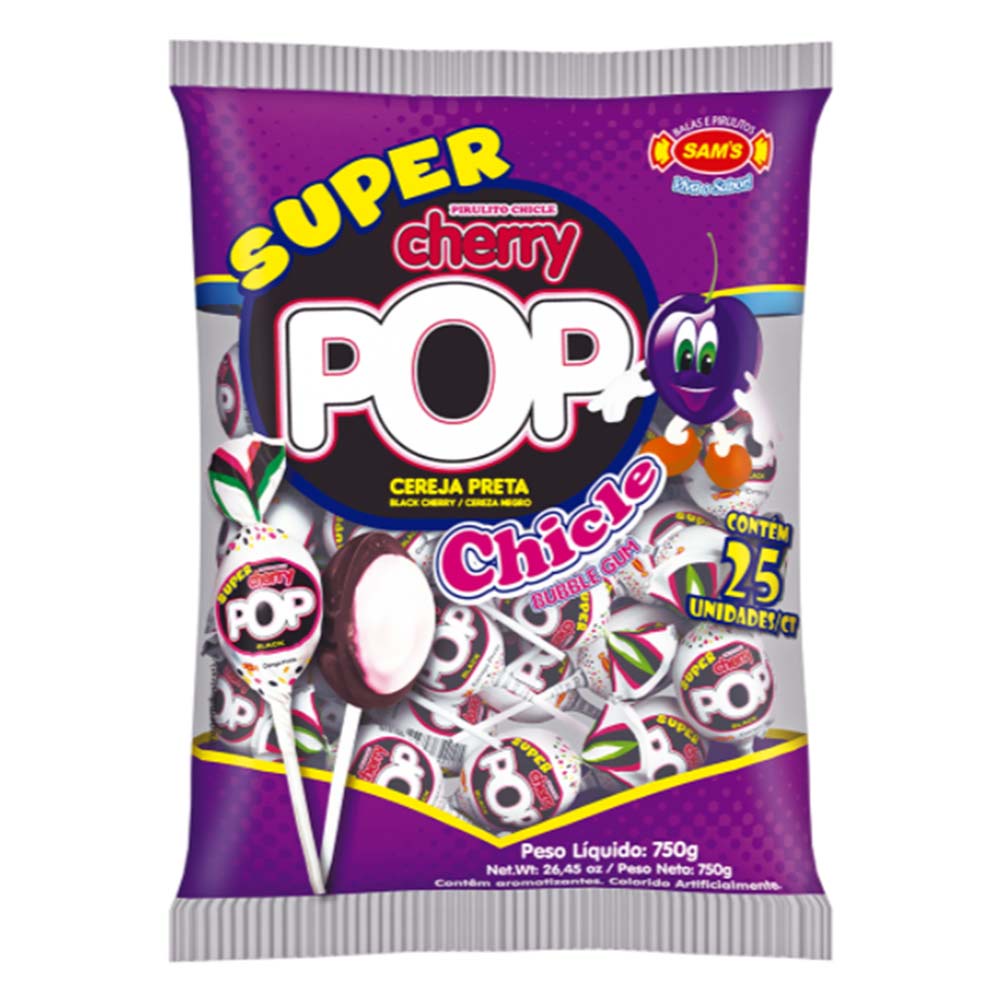 Pirulito Super Cherry Pop Black Recheio Chiclete c/25 - Sams