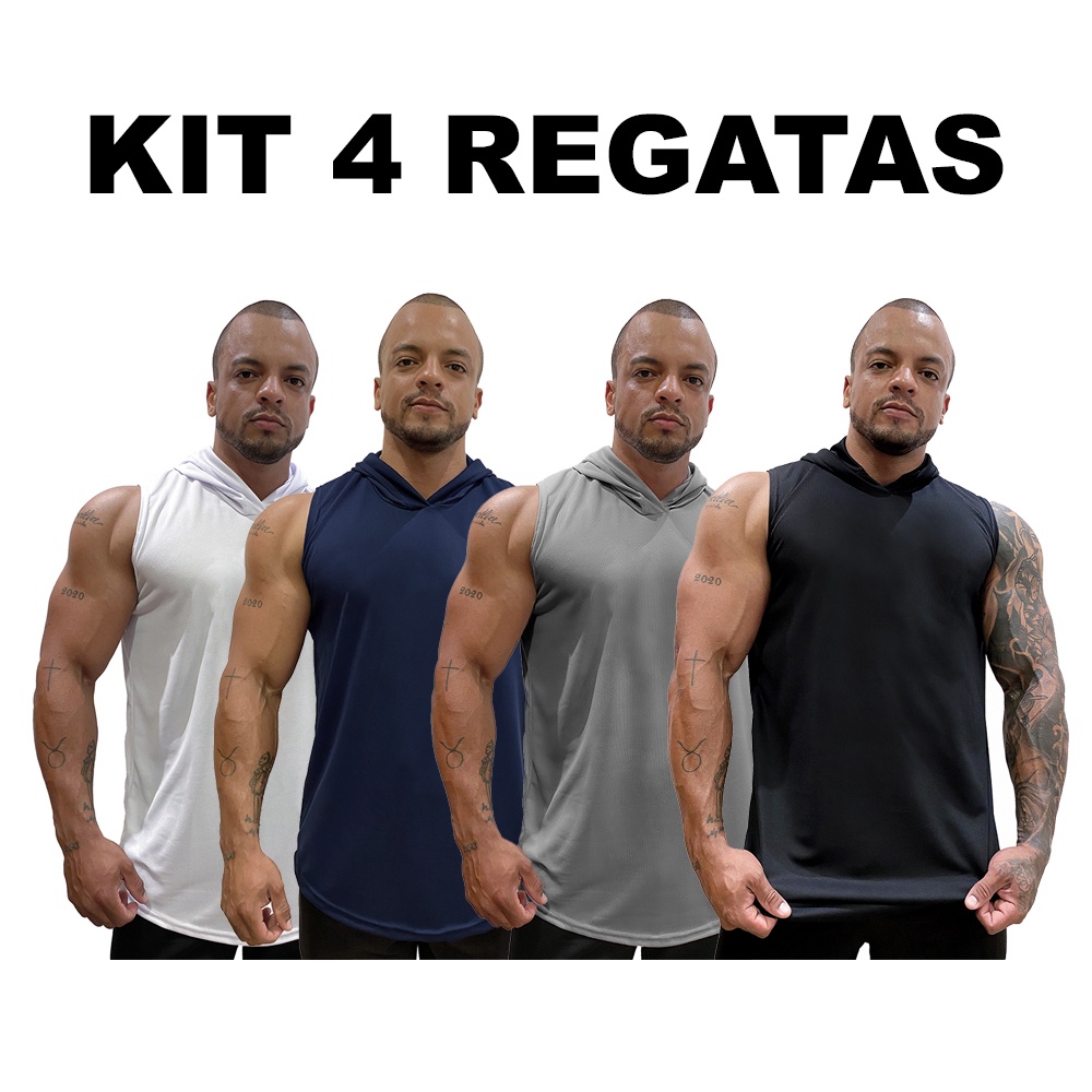 Kit 4 Camisetas Regatas Com Capuz Masculina Longline Sem Estampa Lisa Básica em Dry - Bombey