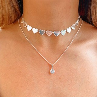 colar corrente feminina Ponto de Luz prata 925 + Gargatilha Choker de Coração prata 925