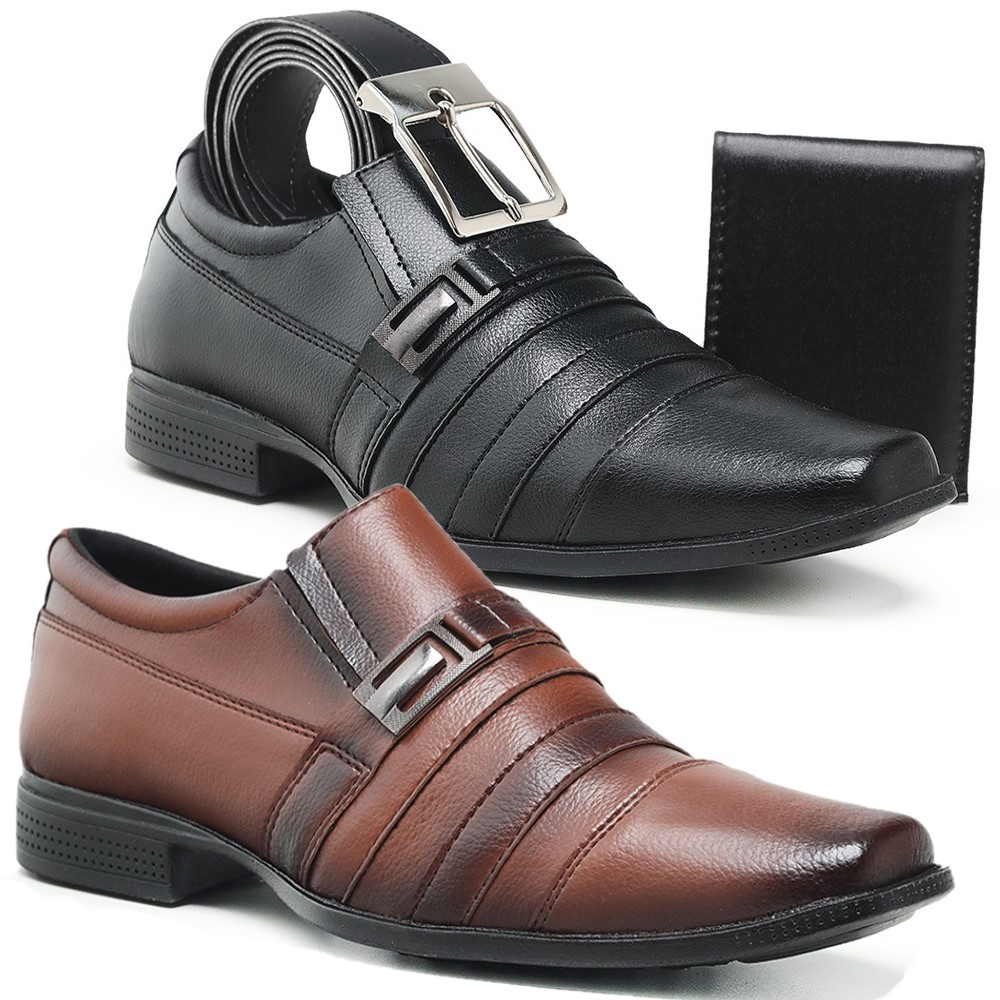 Sapato Social Masculino Valesconi Formal Elegante para Dia a Dia Sapato Trabalho 2 Pares com Carteira e Cinto