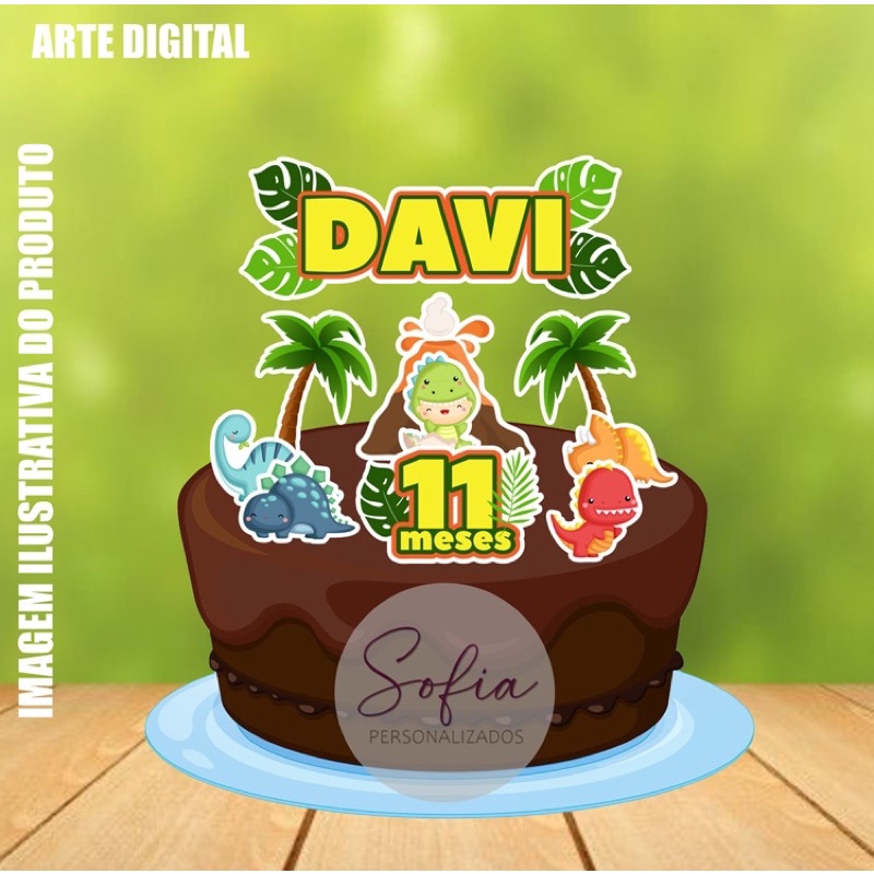 Topo de Bolo - Topper de Bolo Personalizado Aniversário Mesversario Dinossauro Baby Dino Baby