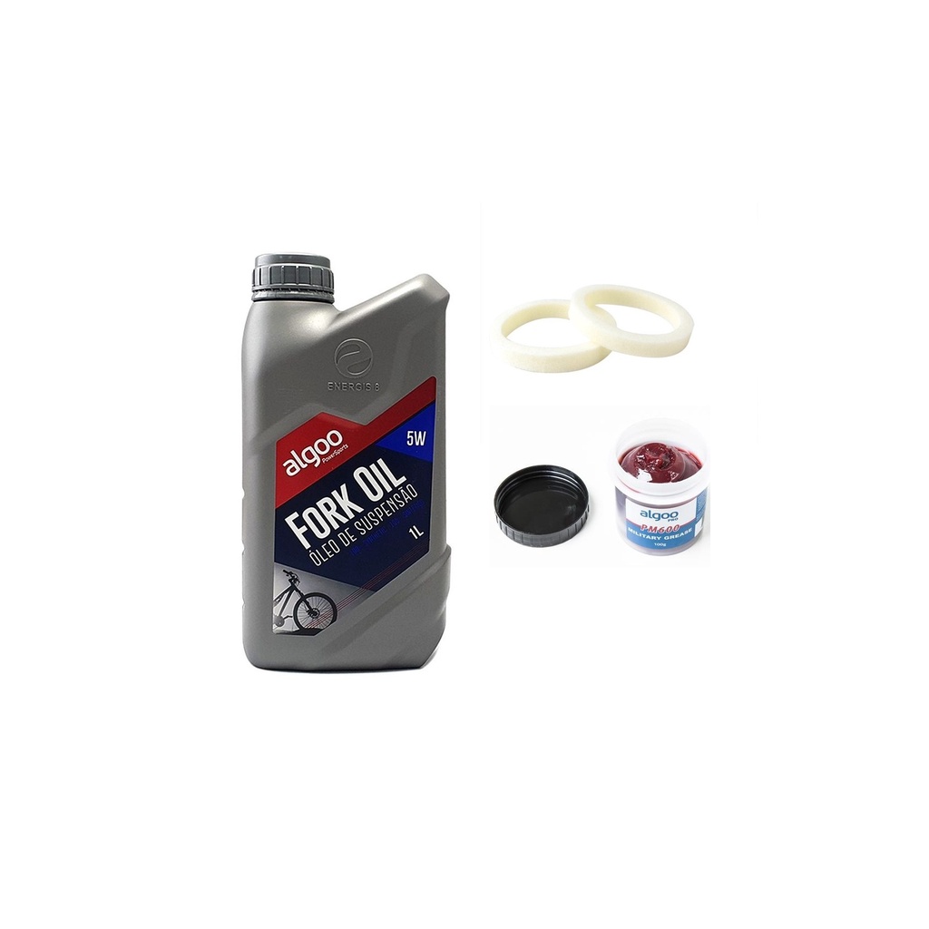 Kit manutenção de suspensão algoo óleo 5w 1litro + graxa pm600 100g + espumas 32mm promoção
