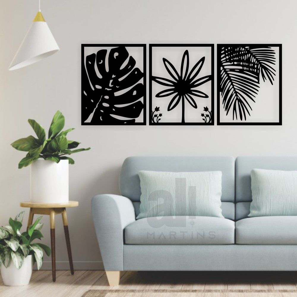 Quadro Vazado Folhas Decoração Quarto Sala 3 Peças Mdf 3mm Preto Shopee Brasil 1026