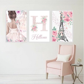 Kit Quadros Decorativos Mosaico 3 Peças Trio Menina Garota Bebê Nome Personalizado Letra Floral Flor Bailarina Torre Eiffel Sonho Frase Presente