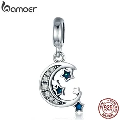 Bamoer 925 Sterling Silver Sparkling Céu Lua & Star Limpar Cz Dangle Charme Fit Pulseira Fine Jewelry Presente Scc639