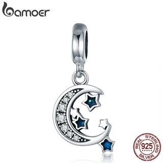 Bamoer 925 Sterling Silver Sparkling Céu Lua & Star Limpar Cz Dangle Charme Fit Pulseira Fine Jewelry Presente Scc639
