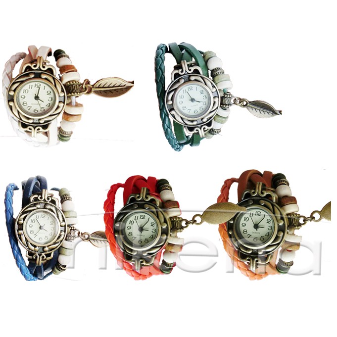 Relógio Pulseira Feminino Couro Pingente Folha Berloques Pulso Azul Vermelha Laranja Branco Multicamadas 2 Ajuste Botões
