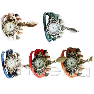 Relógio Pulseira Feminino Couro Pingente Folha Berloques Pulso Azul Vermelha Laranja Branco Multicamadas 2 Ajuste Botões