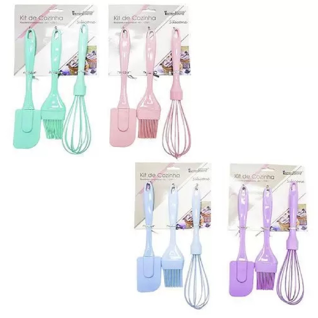 Kit 3 Peças Conjunto Bolo Doces Espátula Pincel E Fouet Silicone Cozinha Confeitaria
