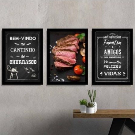 Kit Quadros Decorativos Mosaico 3 Peças Trio Churrasco Frase Família Amigos Carne Bolvina Cozinha Área Lazer Minimalista Lindo Presente Churrasqueiro em Oferta na Shopee