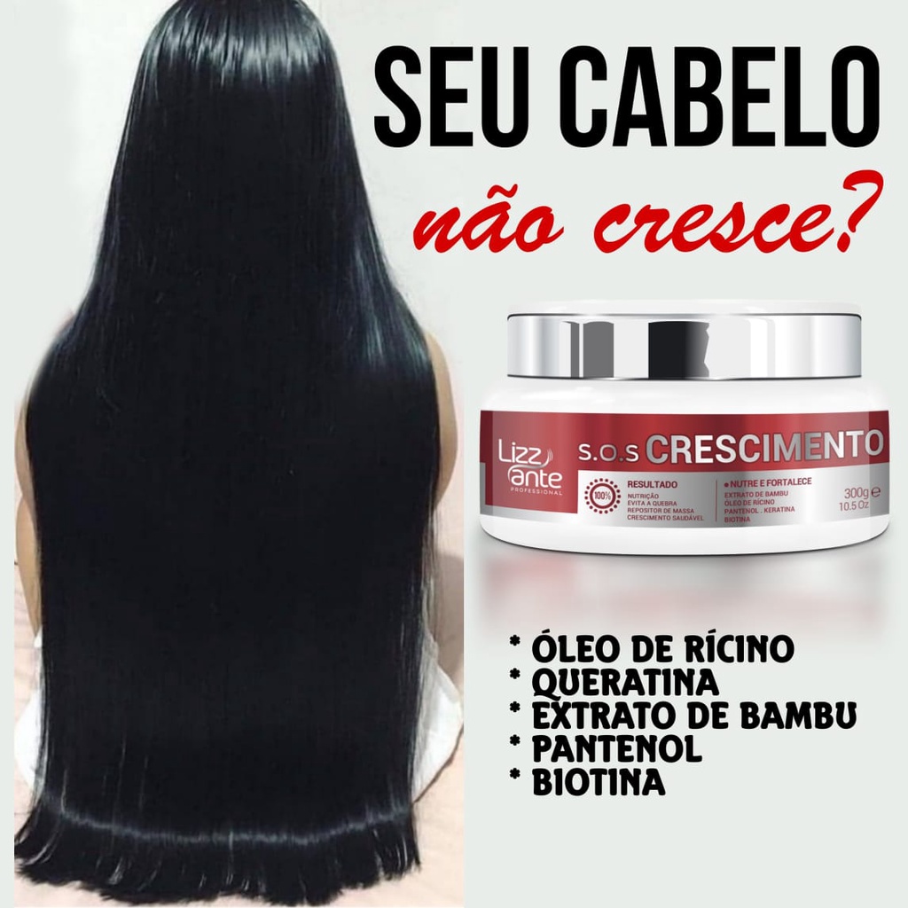 Máscara SOS Crescimento 300g Lizz ante - Crescimento Acelerado - Preenche Falhas - Combate Calvice - Trata Alopécia - Aumento Volume Massa Capilar - Combate Caspa Oleosidade - Hidrata - Brilho Intenso - Cabelo Ressecado - Keratina - Óleo Rícino - Biotina