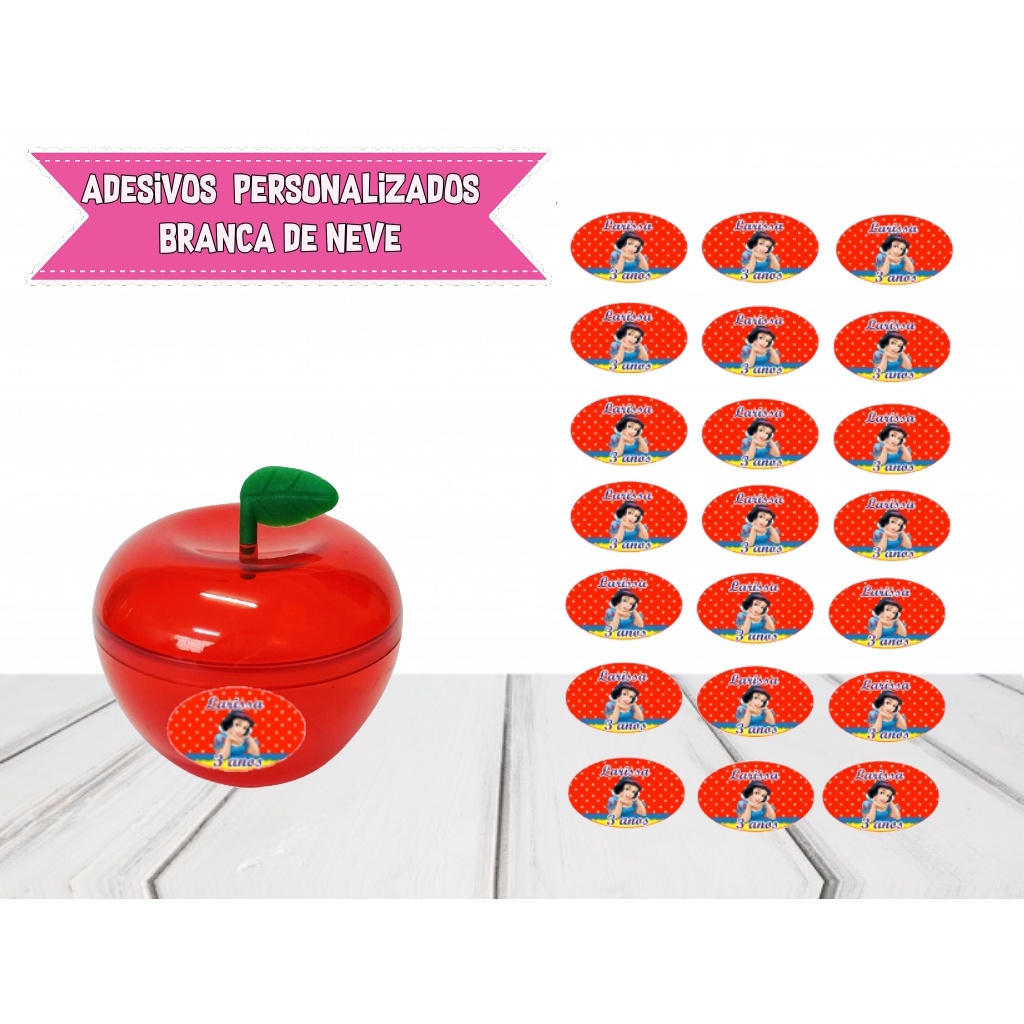 Adesivos Branca de Neve Personalizados com Nome e Idade – Lembrancinha Festa Infantil – Kits 20/30/50/120un