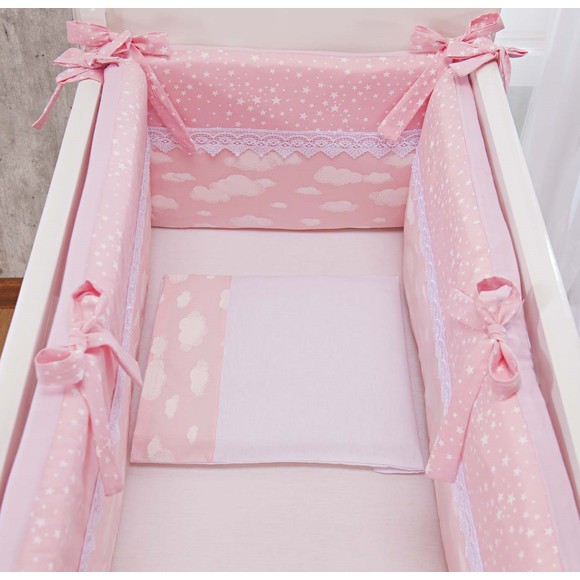 Protetor para Mini Berço de Bebê Menina Rosa e Branco Nuvens Kit Para Mini Berço Menina Nuvens Rosa e Branco 3pç
