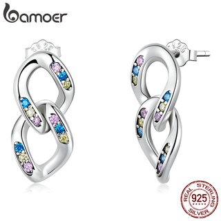 1 Par De Brinco De Tarraxa De Prata Bamoer 925 Com Dois Anéis/Jóias Da Moda Para Mulheres SCE1377