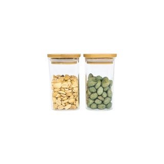 Kit 2 Potes De Vidro Mantimentos Quadrados 250ml C/ Tampa Bambu - Oikos