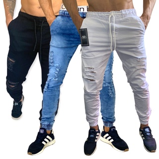 Calça Masculina Jogger Jeans e Sarja Rasgadas e Lisas Slim Elastano Lycra Promoção KIT com 3