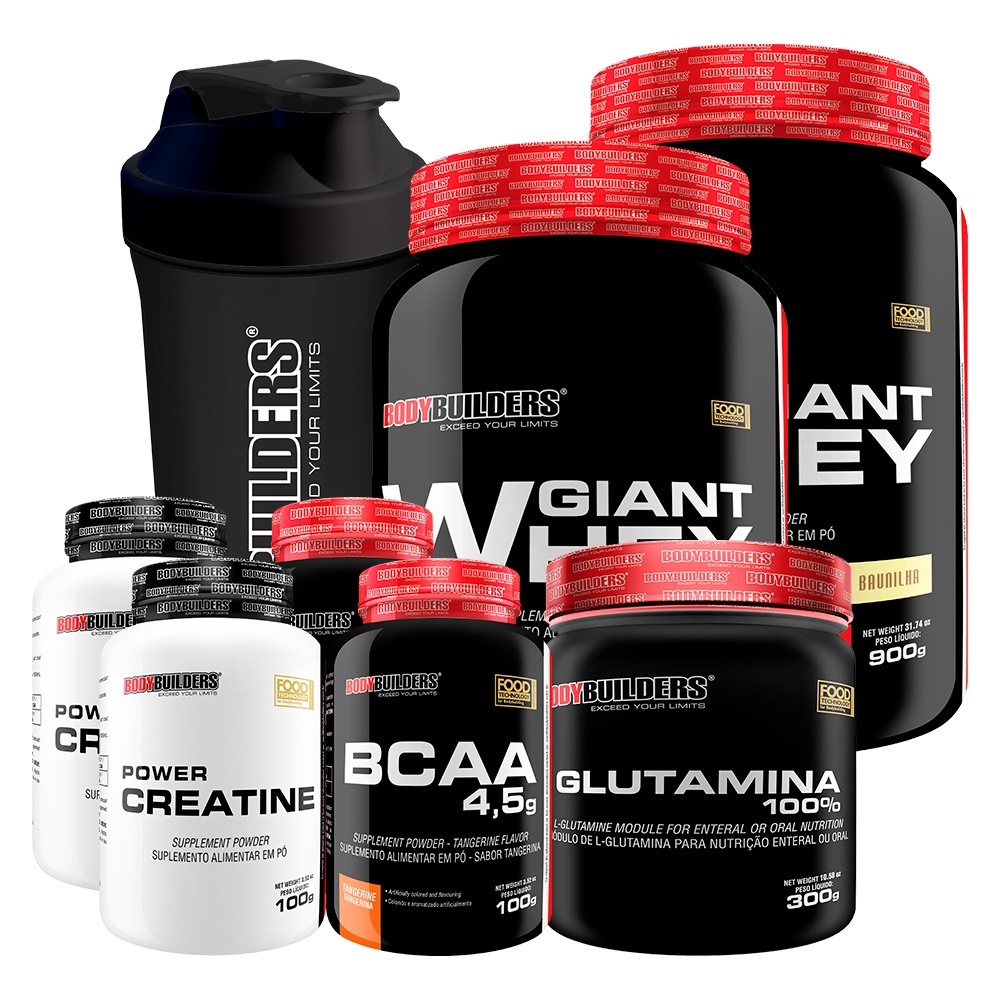 Kit 2x Giant Whey 900g + 2x BCAA 4.5 100g + 2x Creatina 100g + Glutamina 300g + Coque - Bodybuilders em Oferta na Shopee