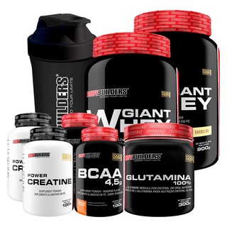 Kit 2x Whey Protein Giant Whey 900g + 2x BCAA 4.5 100g + 2x Power Creatina 100g + Glutamina 100% 300g + Coqueteleira - Suplementos em Pó para o Treino de Musculação na Academia - Bodybuilders