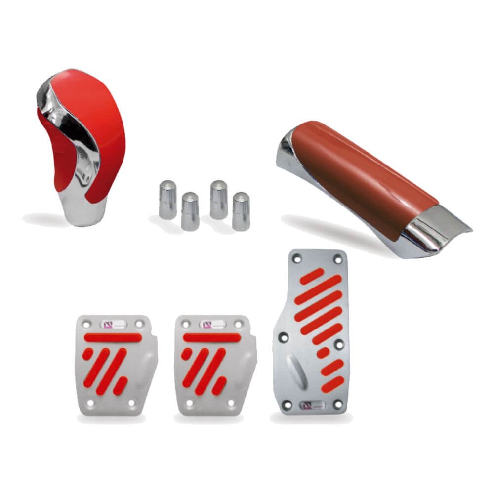 Kit Tuning Cromado Pedaleira Manopla e Bola Câmbio Vermelho + Pino Válvula Pneu