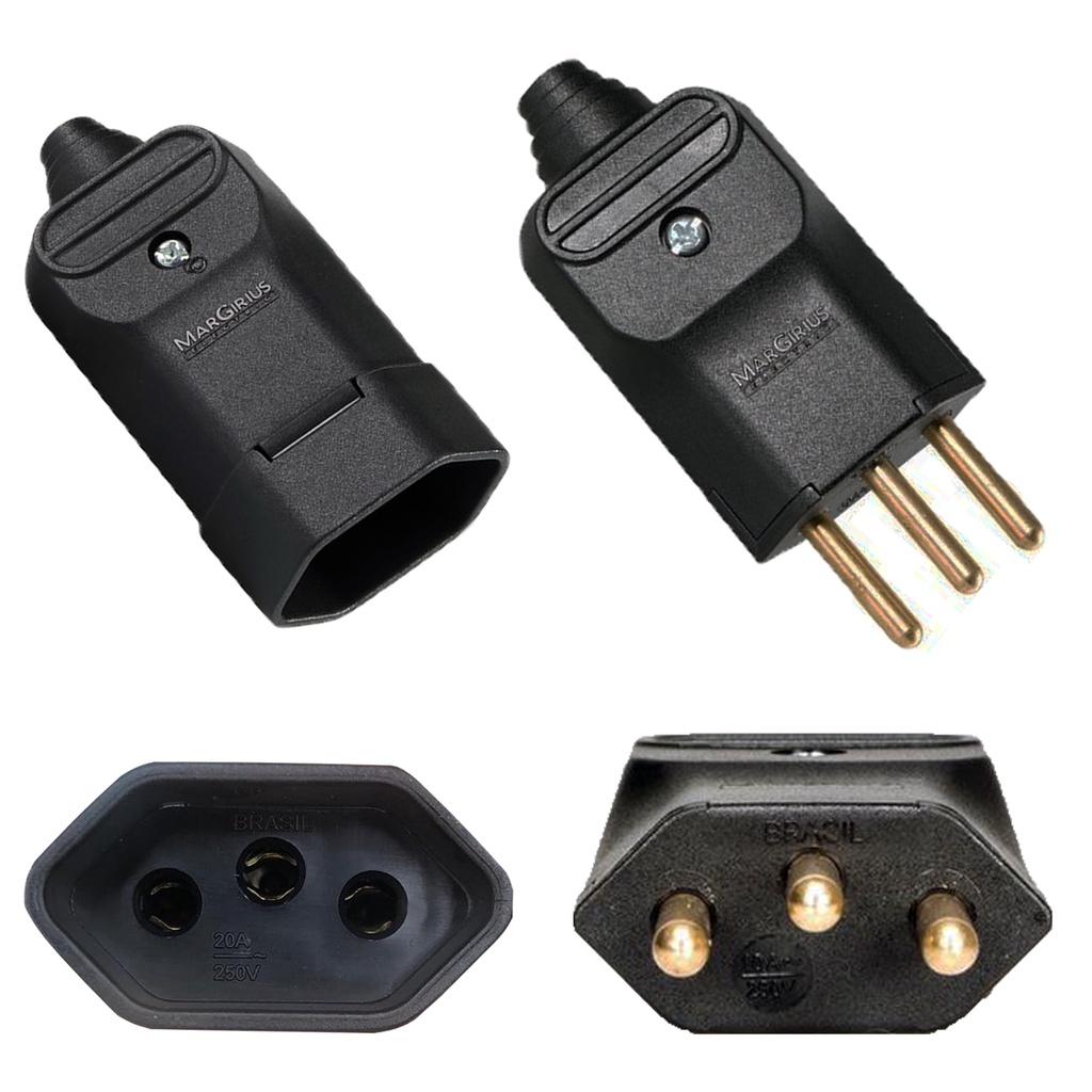10 Plug Plugue Macho 10a + 10 Tomada Fêmea 3 Pinos 20a Preto Prensa Cabos Margirius