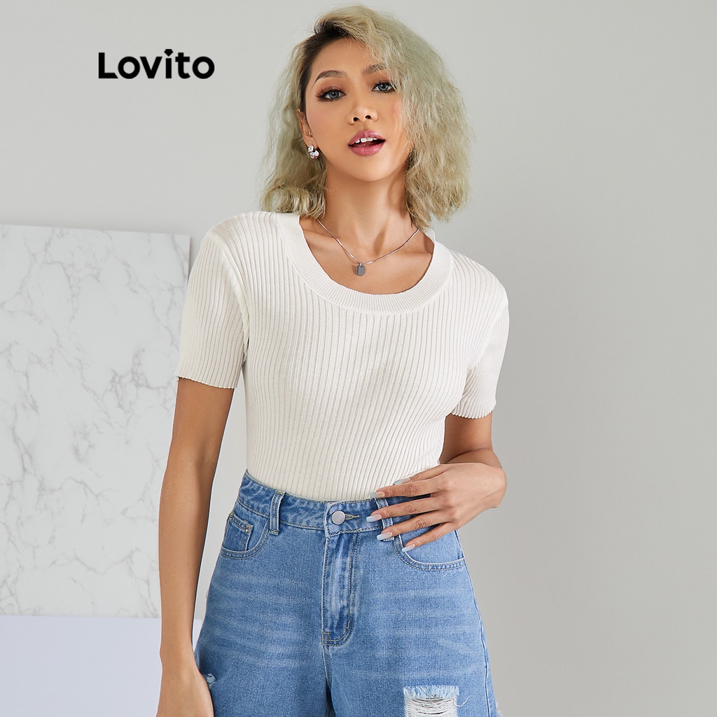 Lovito Top Preppy Liso Regular com Manga Curta Gola Redondo L22AD125 (Branco)