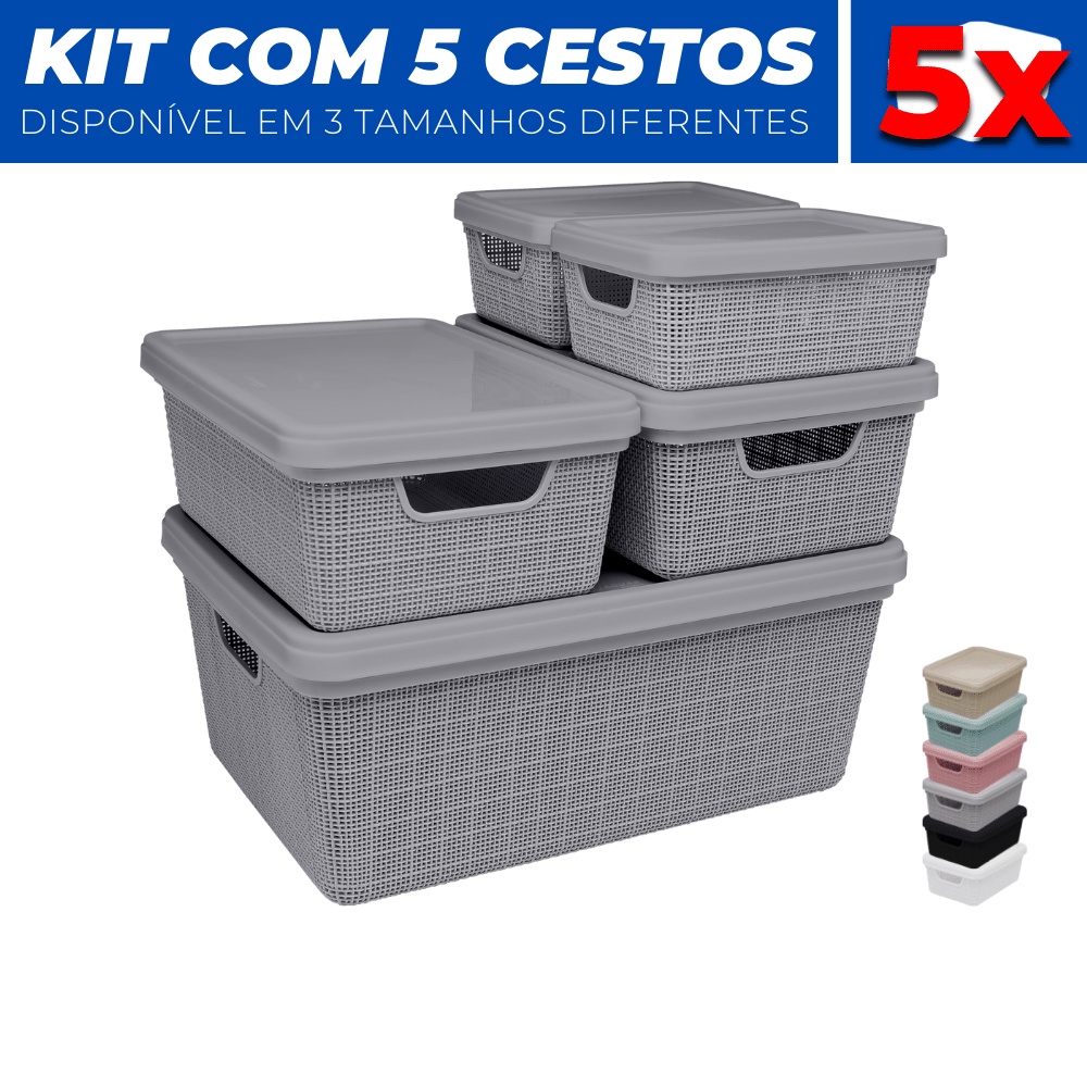 Kit 5 Caixas Cestos Organizador Armario Gaveta Tampa P M G · foto 2