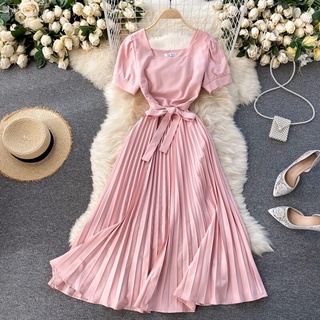 2023 Vestido Midi Plissado Feminino Com Gola Quadrada E Manga Curta