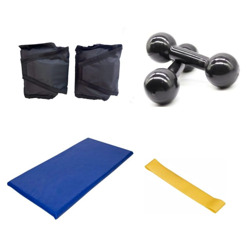 Kit Treino Aeróbico Par Halter Peso 1 Kg Emborrachado + Par Caneleira 1 Kg + Colchonete + Elástico