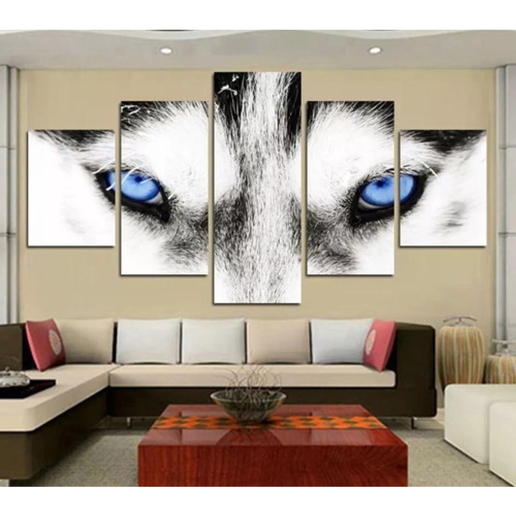 Quadro 5 Peças Mosaico Lobo Olho Azul Ultrahd Mdf 6mm