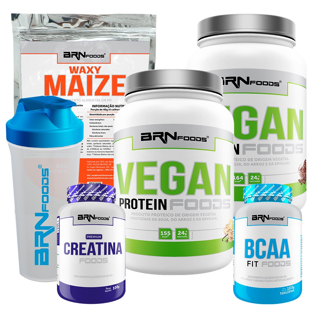 Kit 2x Proteína Vegana Vegan Protein 500g + Waxy Maize 800g + BCAA 100g + PREMIUM Creatina 100g + Coqueteleira - BRN FOODS