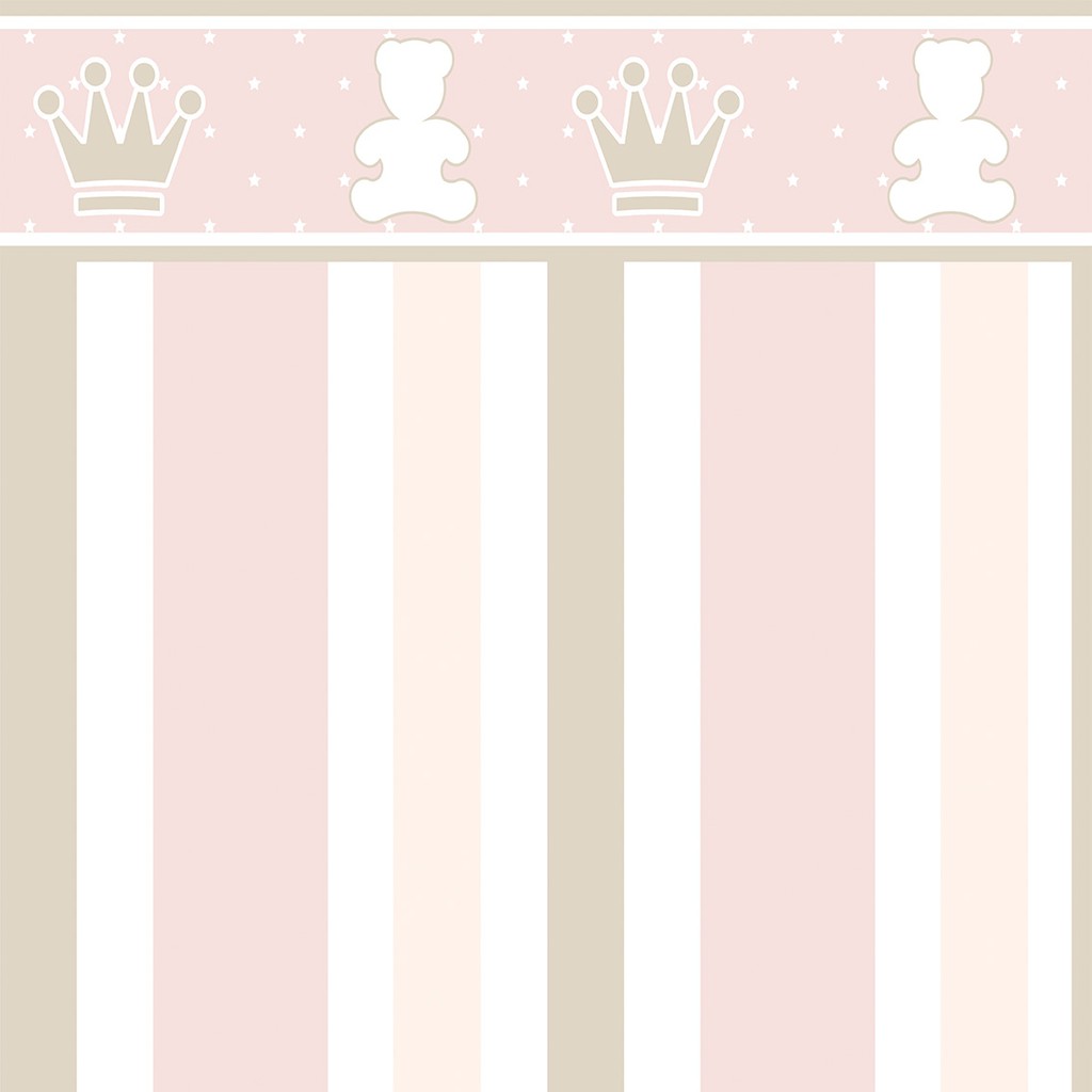 Papel de Parede Adesivo Para Meia Parede Quarto de Bebê Menina Rosa Rosê Branco e Bege Com Faixa de Corôa Princesa Realeza Ursinho Decoração Metade Da Parede Quarto Infantil - SSBB-085